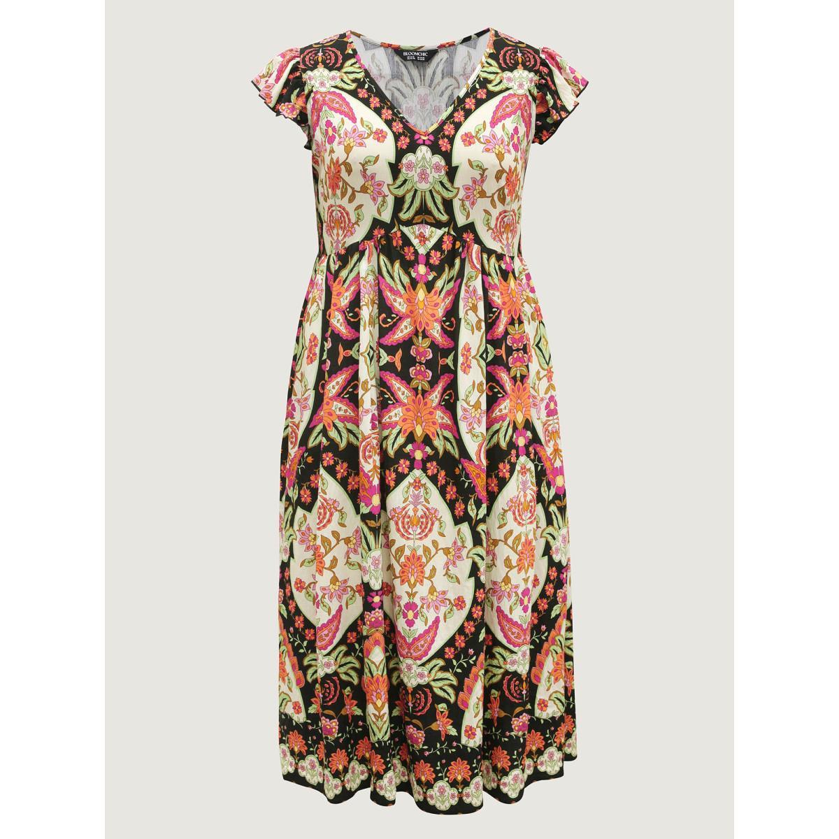 Plus Size Floral Print Ruffled Sleeve V-Neck Midi Dress Black Women V-neck Cap Sleeve Curvy BloomChic 28/5X Product Image