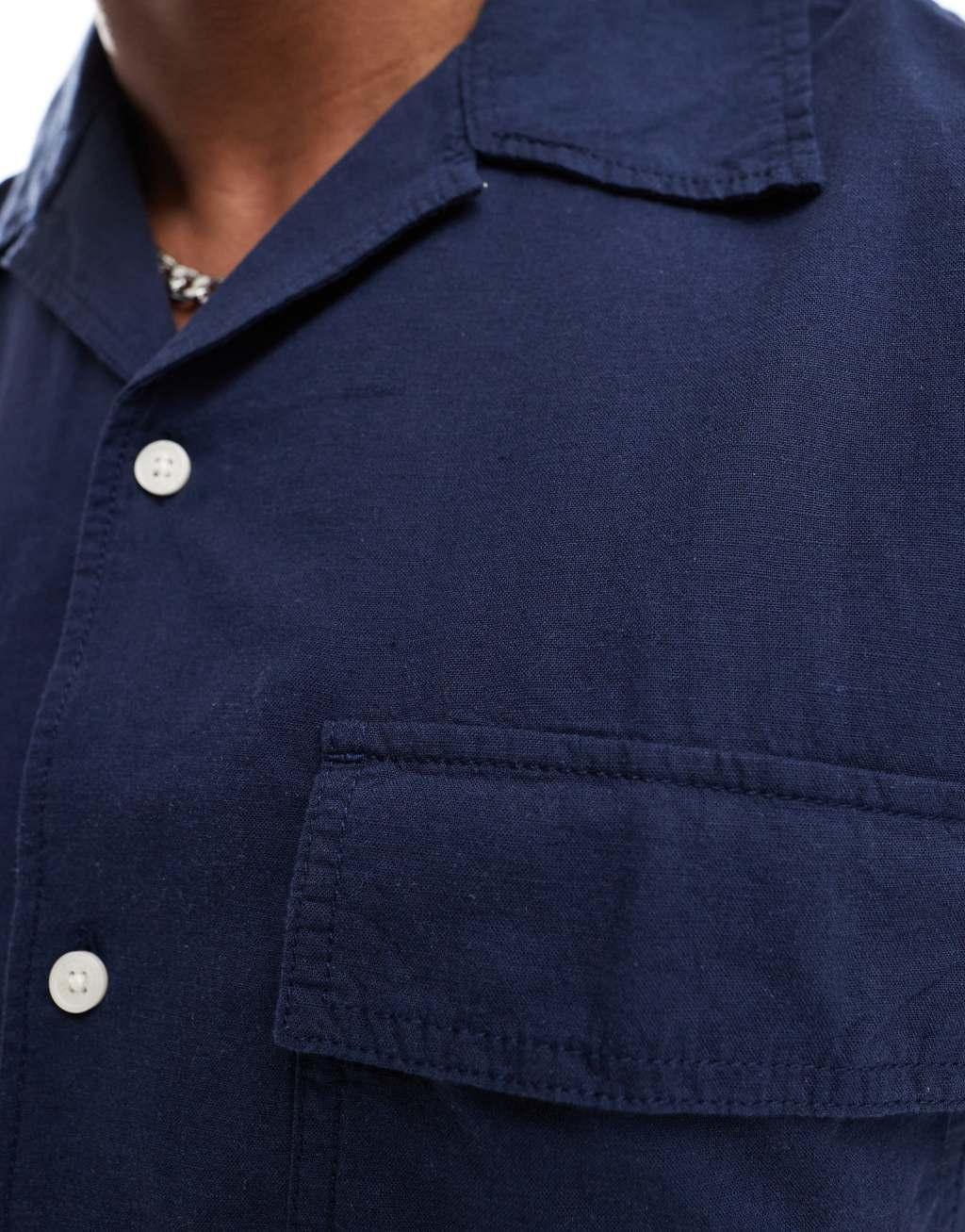 Jack & Jones oversized utility pocket linen shirt in navy Product Image