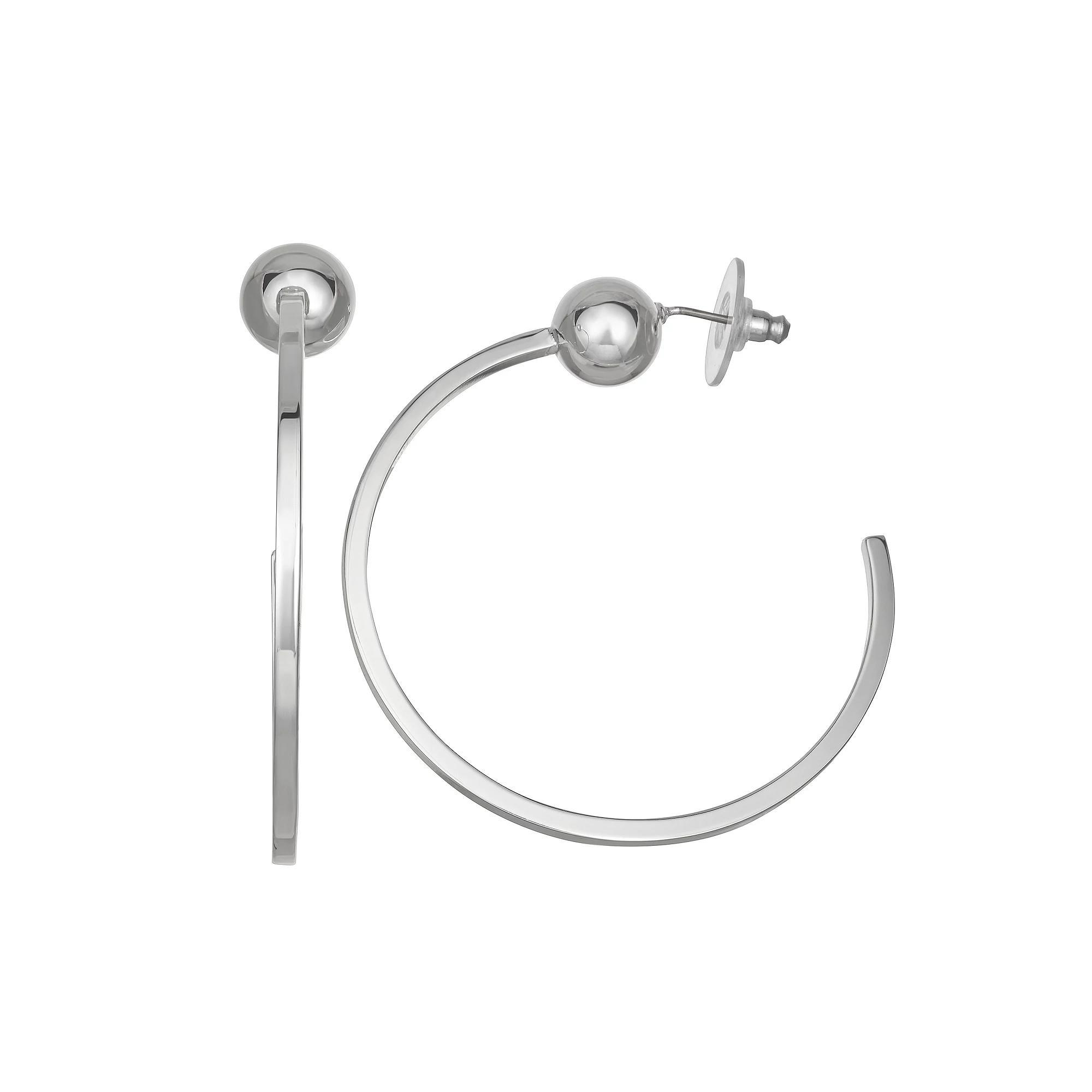 Nine West Silver Tone Ball C Hoop Earrings, Womens Product Image