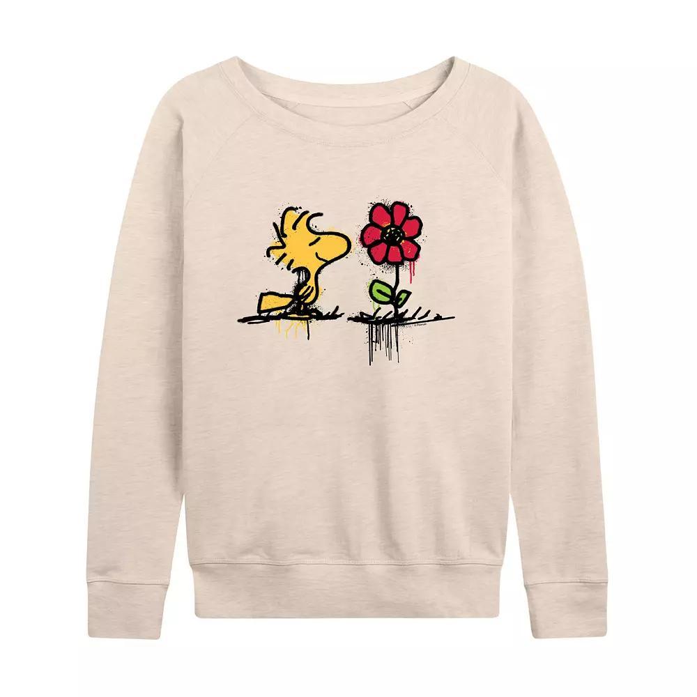 Womens Peanuts Woodstock Rose French Terry Long Sleeve Tee, Girls Grey Green Product Image