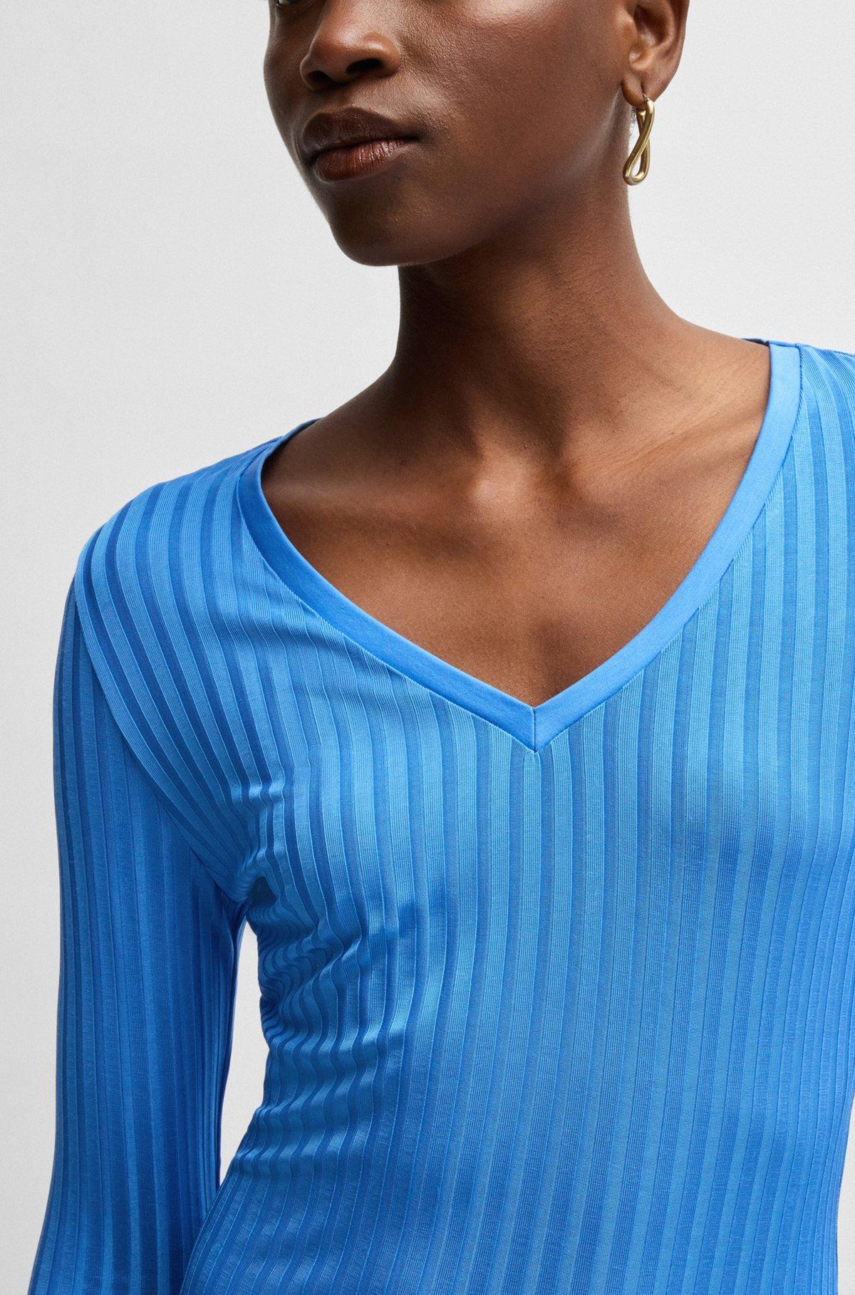 BOSS - Long-sleeved V-neck top in lustrous ribbed jersey - Blue Product Image