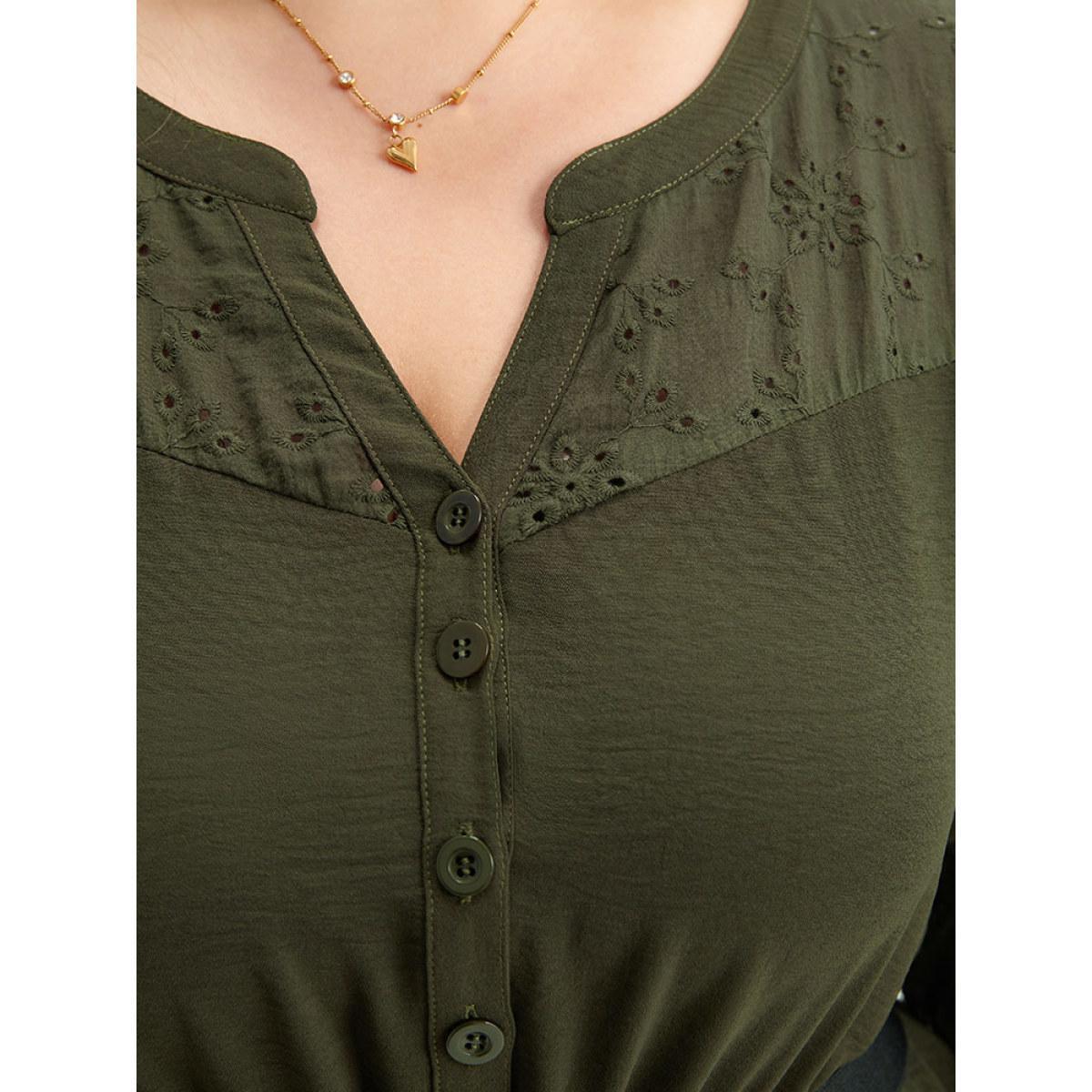 Plus Size Solid Notched Eyelet Patchwork Dress ArmyGreen Women Office Elastic cuffs Notched collar Elbow-length sleeve Curvy Midi Dress BloomChic 14-16/1X Product Image