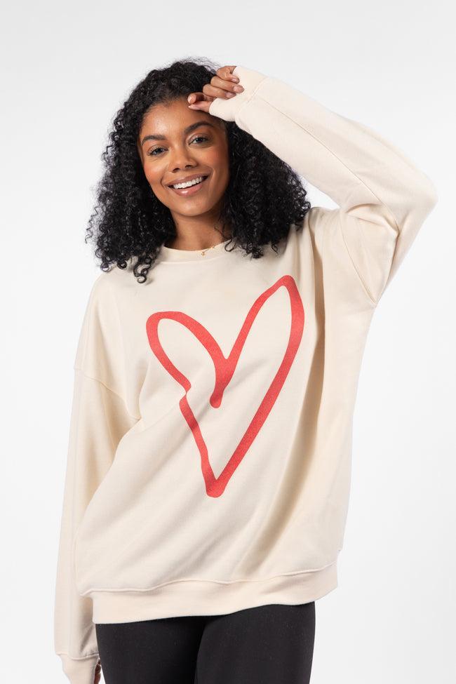 Red Heart Sketch Cream Oversized Graphic Sweatshirt SALE Product Image
