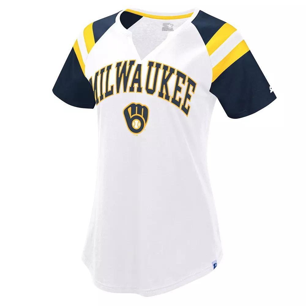 Women's Starter White/Navy Milwaukee Brewers Game On Notch Neck Raglan T-Shirt, Size: Large Product Image