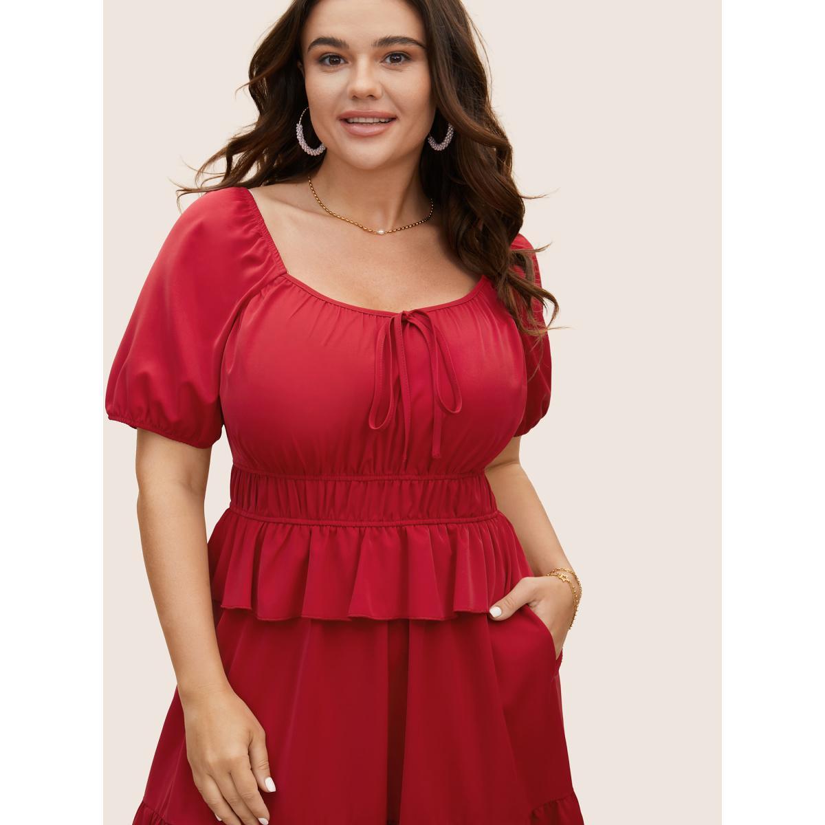 Plus Size Heart Neckline Bowknot Ruffle Trim Midi Dress Crimson Women Elegant Tie knot Heart neckline Short sleeve Curvy BloomChic 14-16/1X Product Image