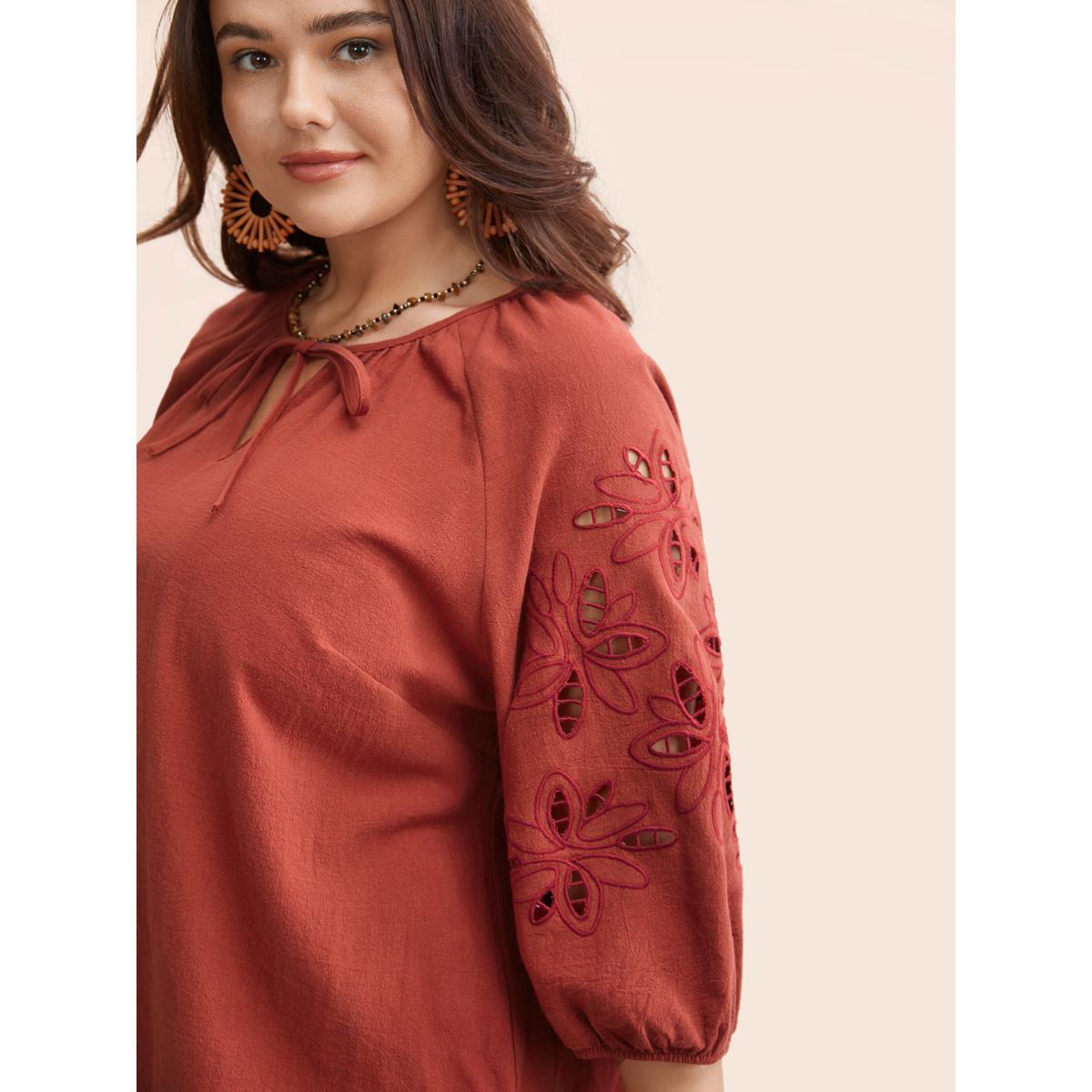 Plus Size Rust Broderie Anglaise Gathered Tie Knot Blouse Women Resort Elbow-length sleeve Round Neck Vacation Blouses BloomChic 22-24/3X Product Image