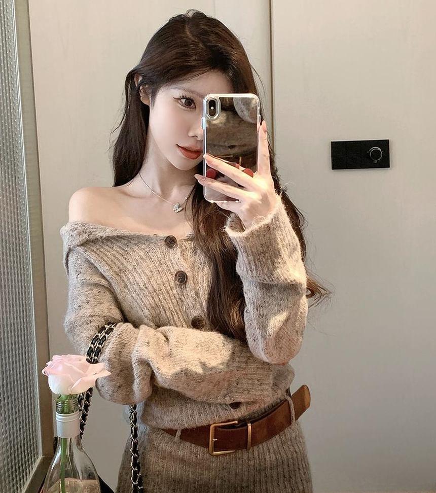 Off Shoulder Long Sleeve Plain Buttoned Ribbed Knitted Mini Sweater Dress with Belt Product Image