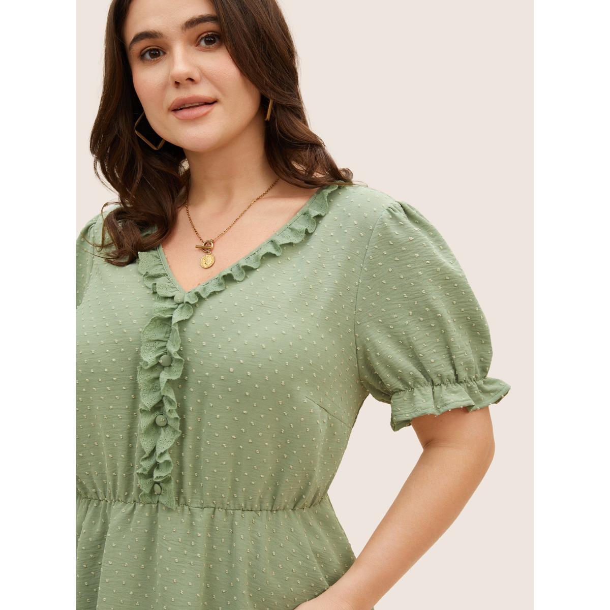 Plus Size Palemauve Solid Textured Frill Trim Puff Sleeve Blouse Women Elegant Short sleeve V-neck Everyday Blouses BloomChic 10/M Product Image