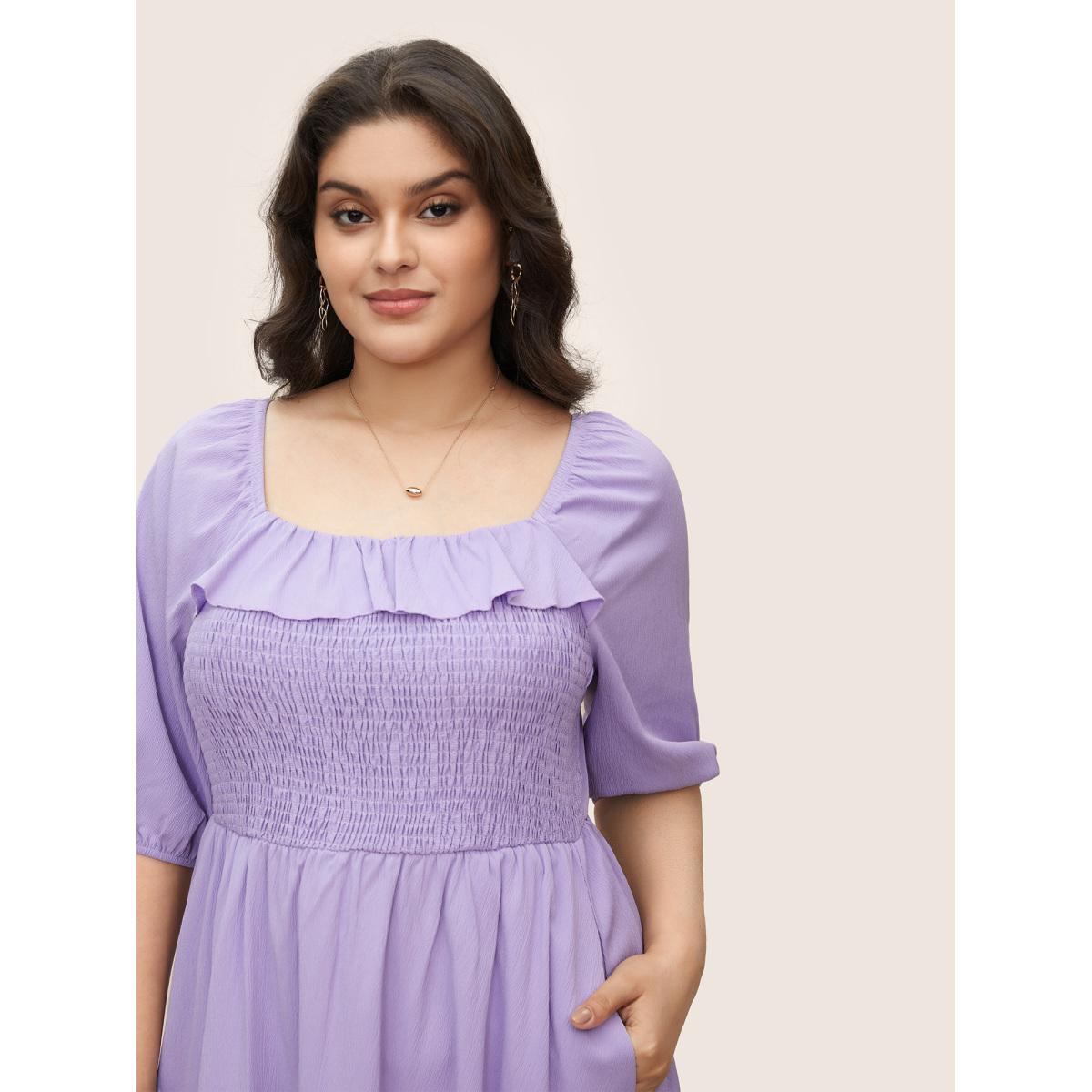 Plus Size Square Neck Solid Ruffle Trim Shirred Dress Lavender Women Elegant Shirred Square Neck Half Sleeve Curvy BloomChic 18-20/2X Product Image