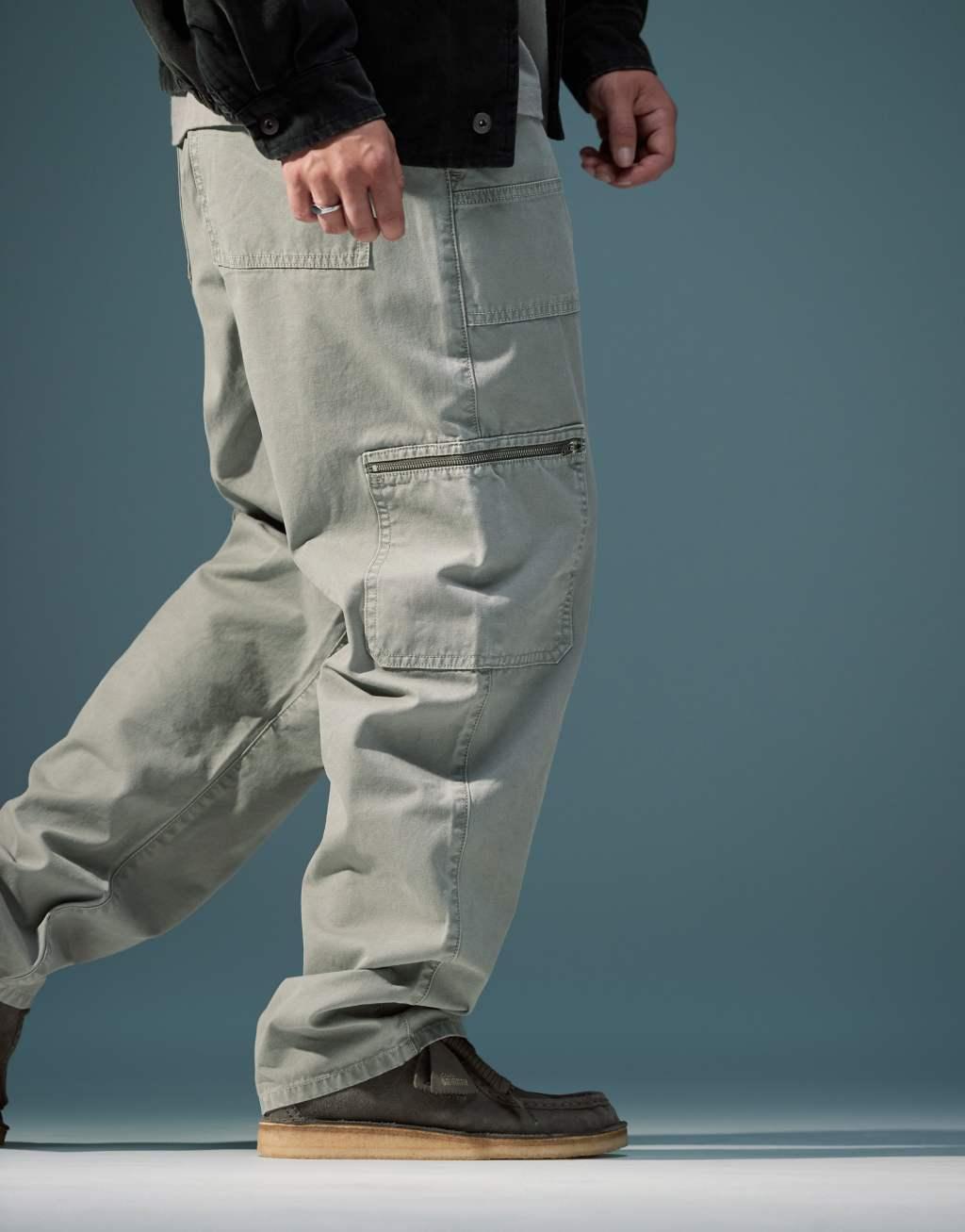 ASOS DESIGN baggy carpenter pants with zip details in washed gray Product Image