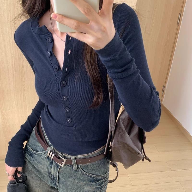 Long Sleeve Round Henley Neck Buttoned Crop Top Product Image