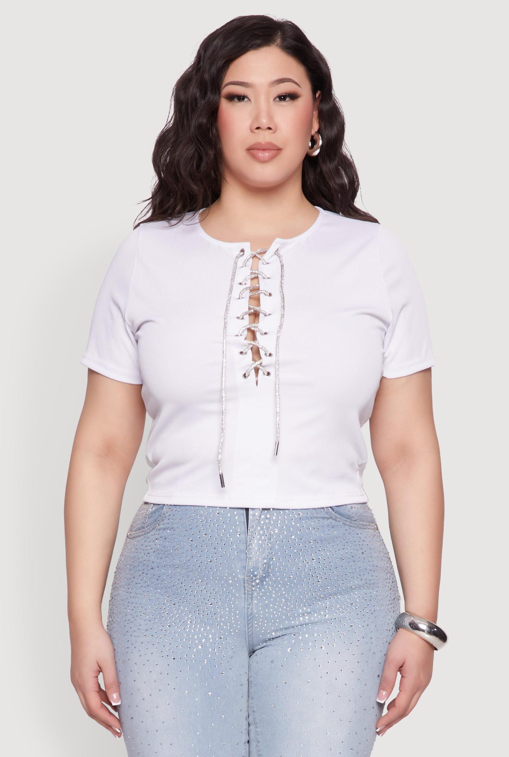Womens Plus Size Rhinestone Lace Up Short Sleeve Top Product Image