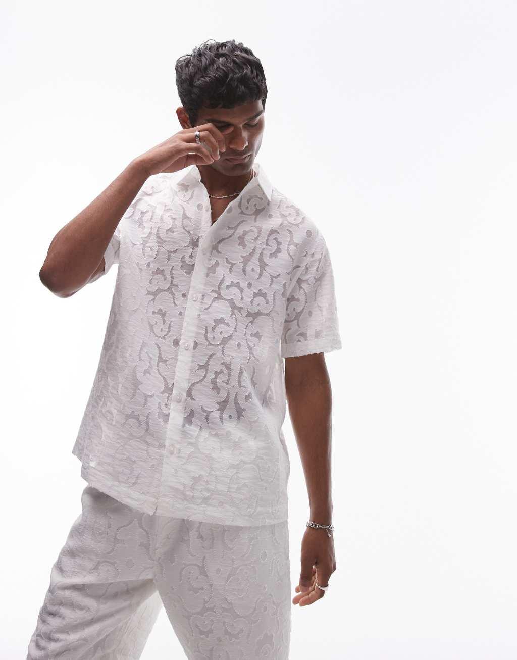Topman short sleeve premium burn out shirt in ivory Product Image