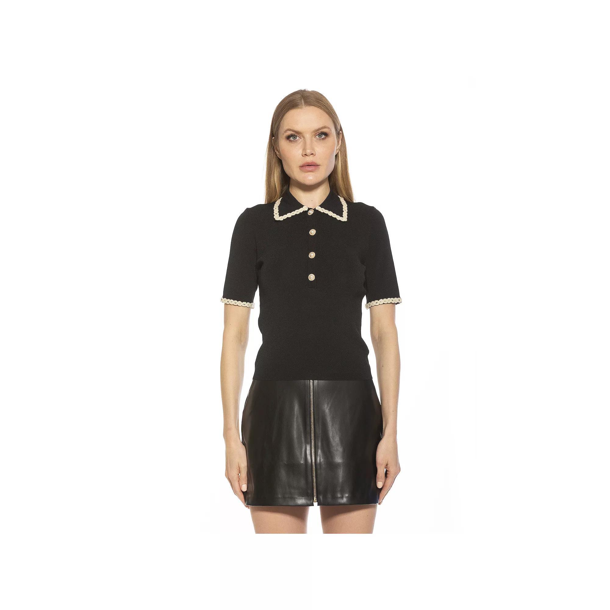 Women's ALEXIA ADMOR Brianna Short Sleeve Knit Collared Top, Size: XS, Black Product Image