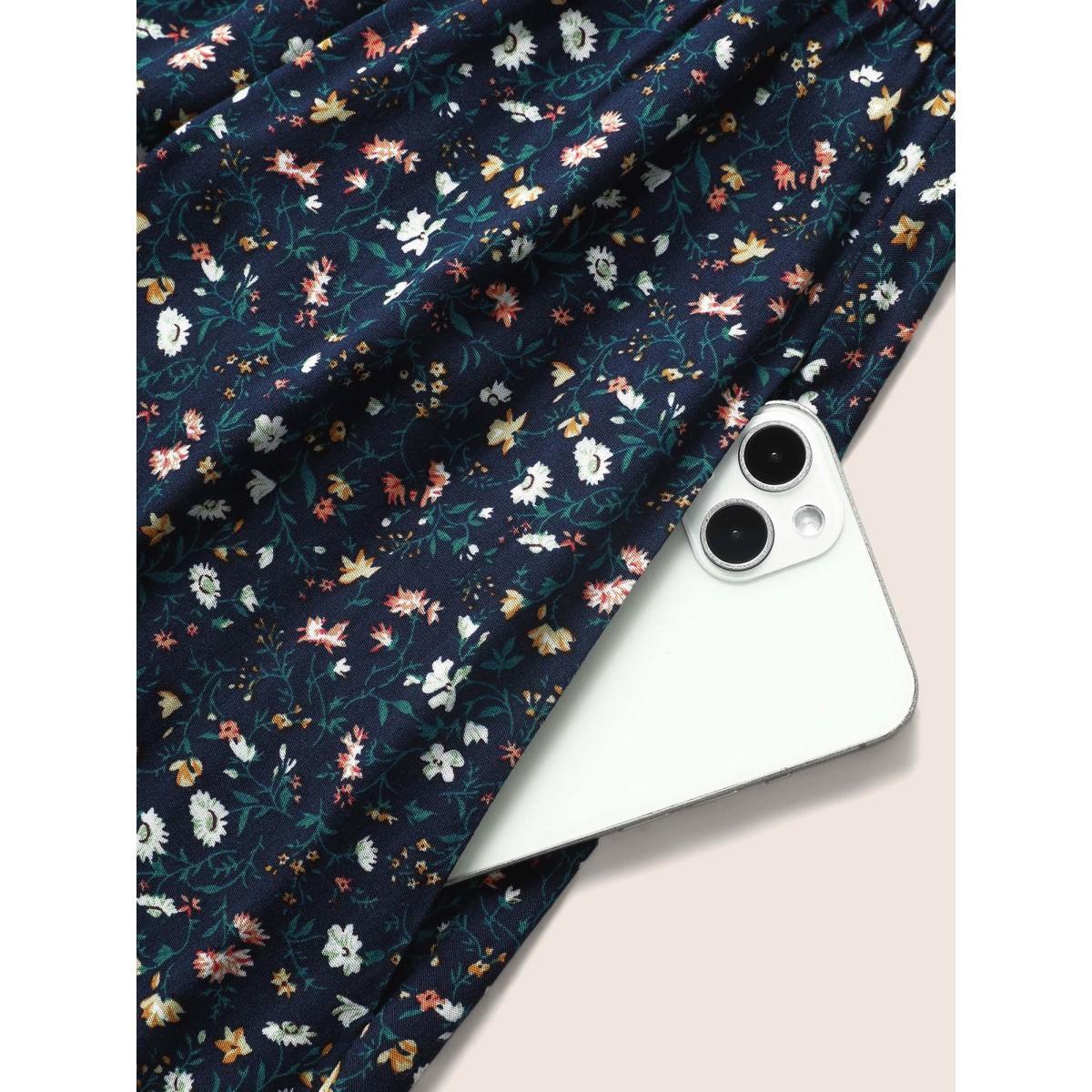 Plus Size Ditsy Floral Ruffle Cap Sleeve Dress Navy Women Elegant Frill Trim Mock Neck Cap Sleeve Curvy BloomChic 30/6X Product Image