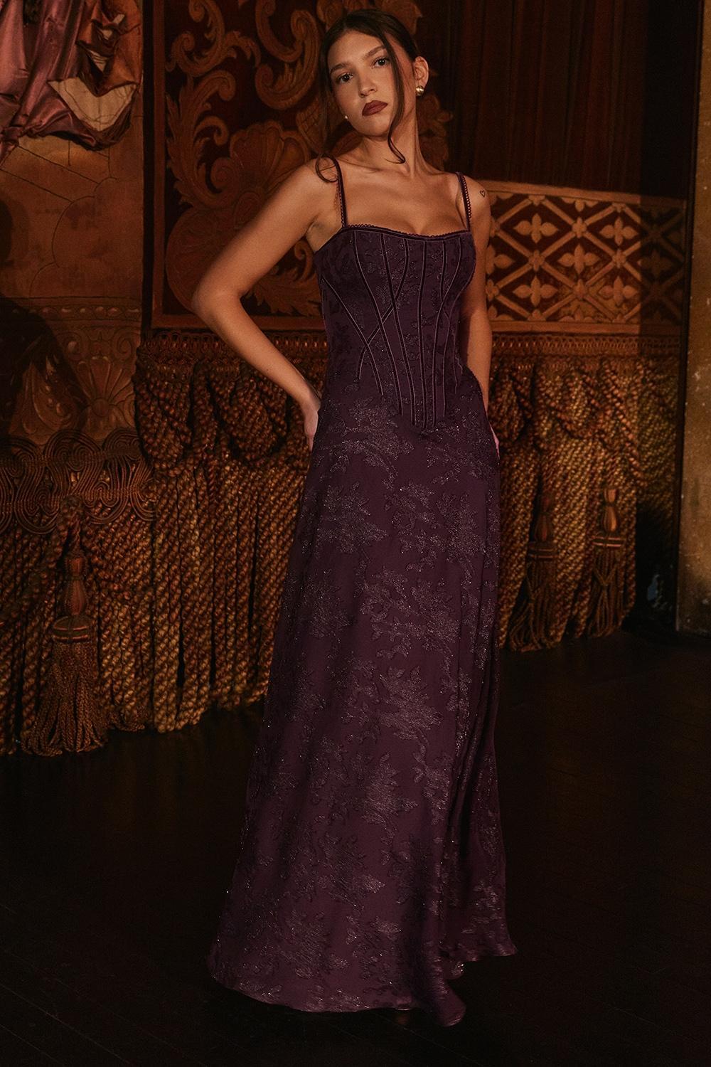 Esme Grape Lurex Chiffon Maxi Dress Product Image
