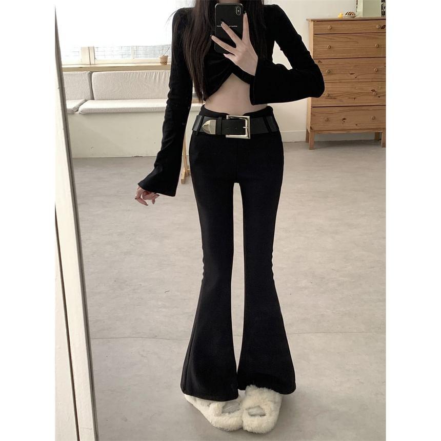 High Rise Plain Flared Pants / Faux Leather Belt / Set Product Image