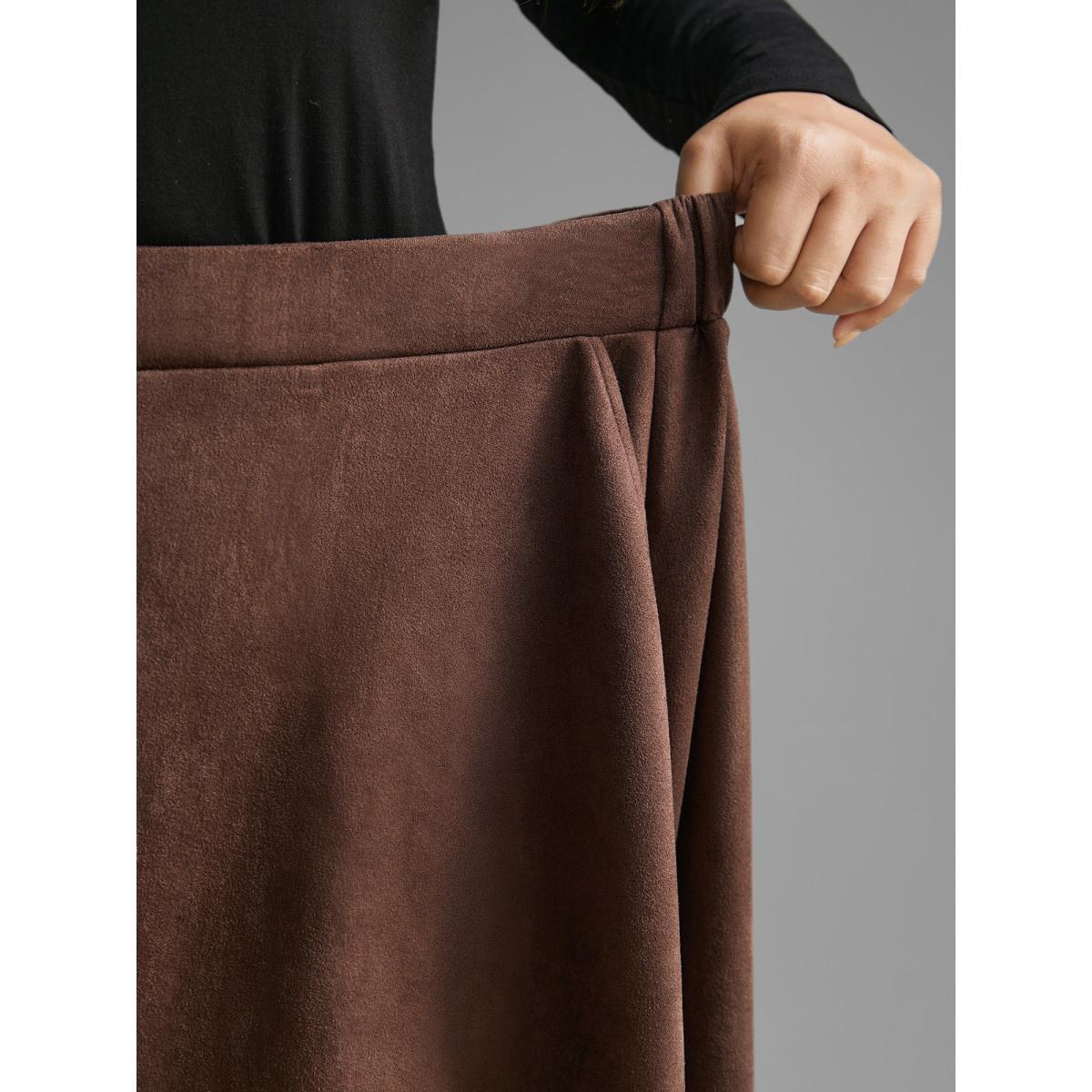 Plus Size Faux Suede Button Detail Pocket Skirt Women DarkBrown Elegant Button Loose Low stretch Slanted pocket Everyday Skirts BloomChic 12/L Product Image