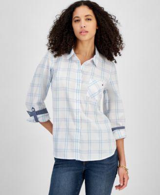 Tommy Hilfiger Womens Pebble Plaid Roll-Tab Cotton Shirt Product Image