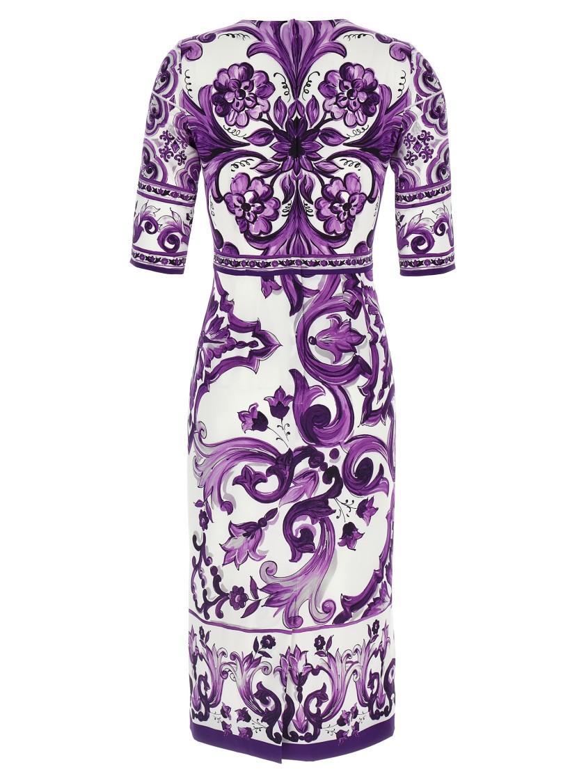 DOLCE & GABBANA Violet Crewneck Dress With Rear Zip Closure And All-over Floral Print In Silk Stretch Woman In Purple Product Image