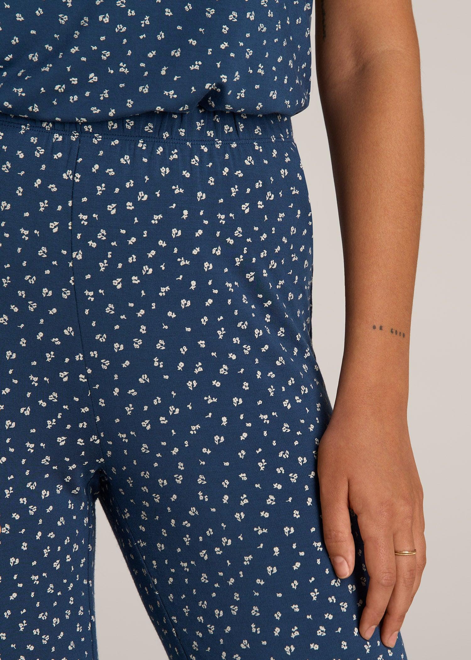 Wide Leg Women's Tall Pajama Pants in Blue Ditsy Floral Print Product Image