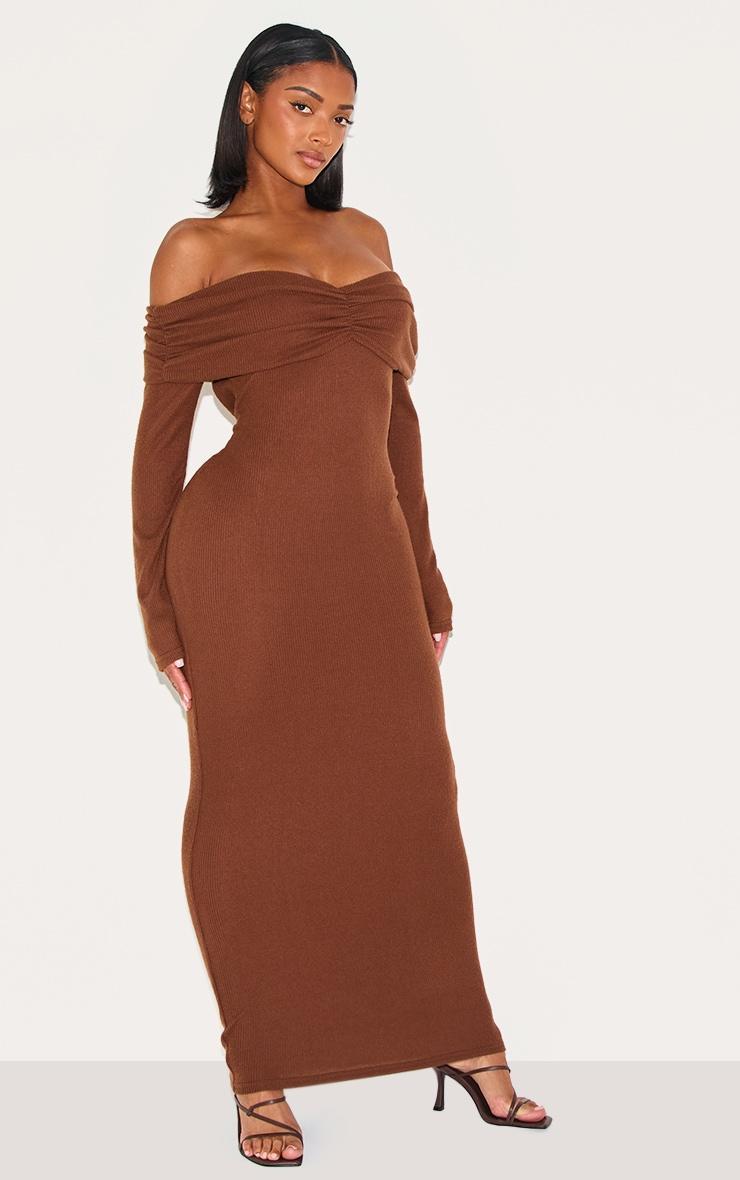 Shape Chocolate Brushed Rib Ruched Fold Over Bardot Maxi Dress Product Image