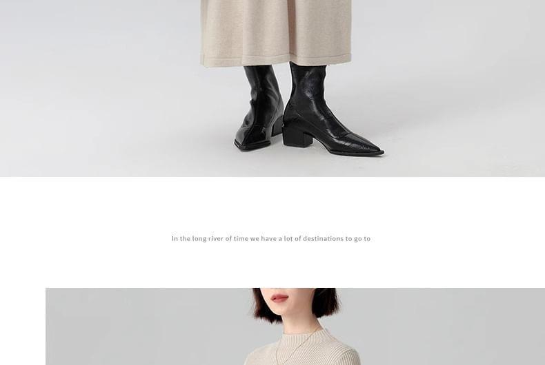Long Sleeve Mock Neck Plain Gathered Ribbed Knit Midi A-Line Dress Product Image