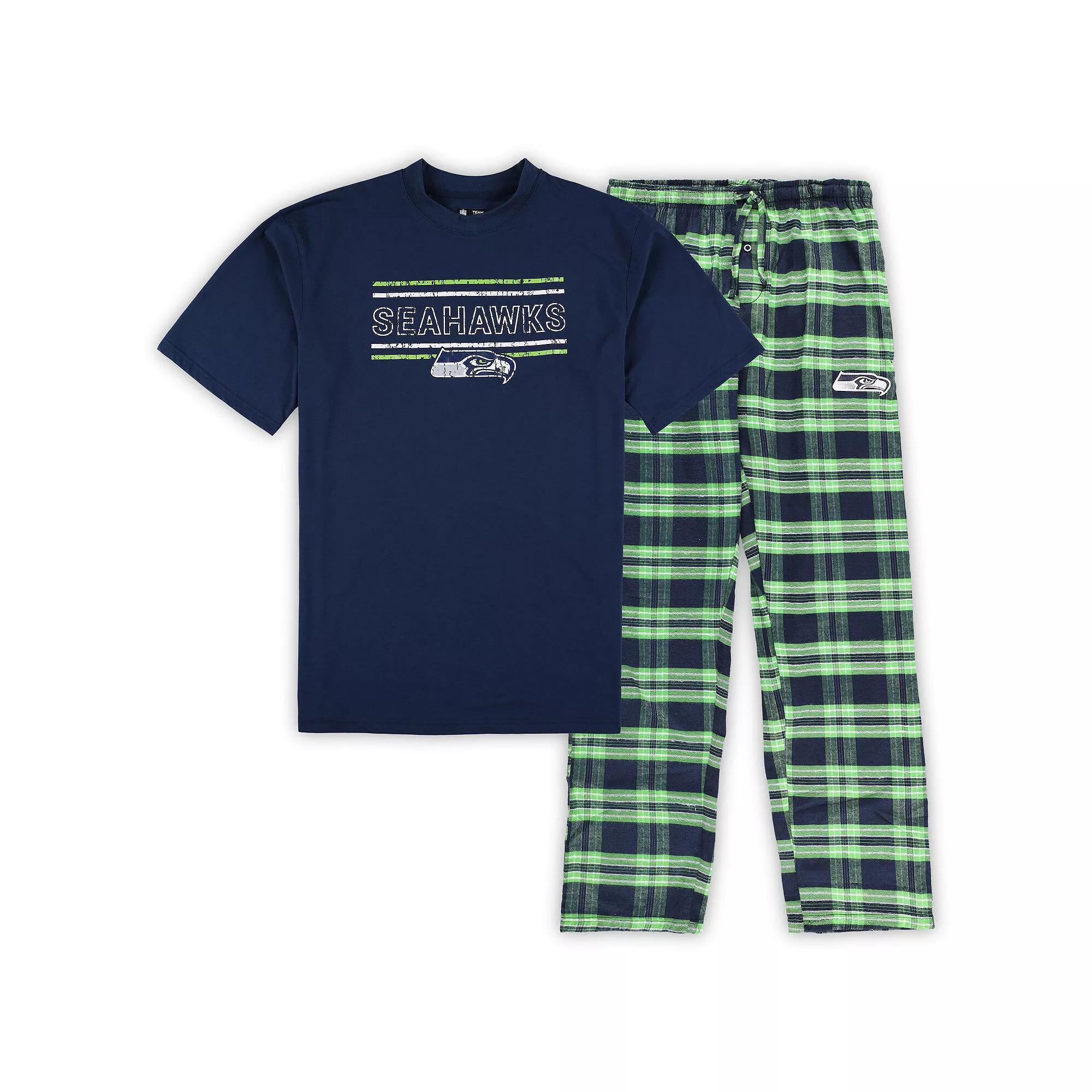 Mens Concepts Sport College /Neon Green Seattle Seahawks Big & Tall Flannel Sleep Set Blue Product Image