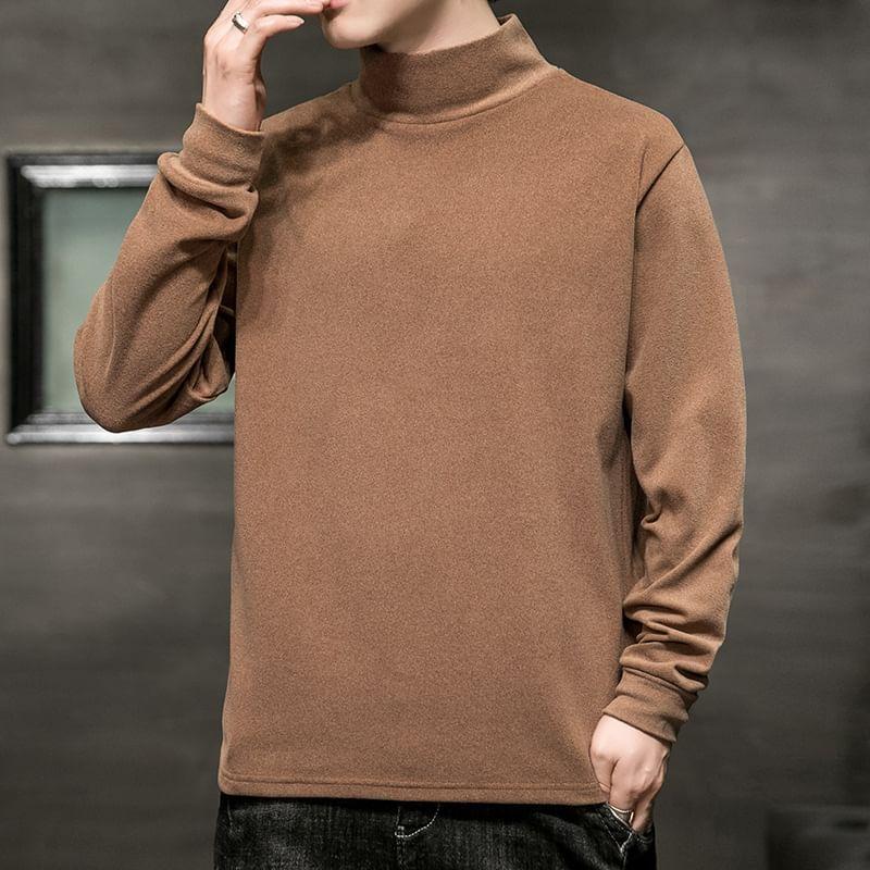 Plain Cotton Semi High-Neck Long-Sleeve Top Product Image