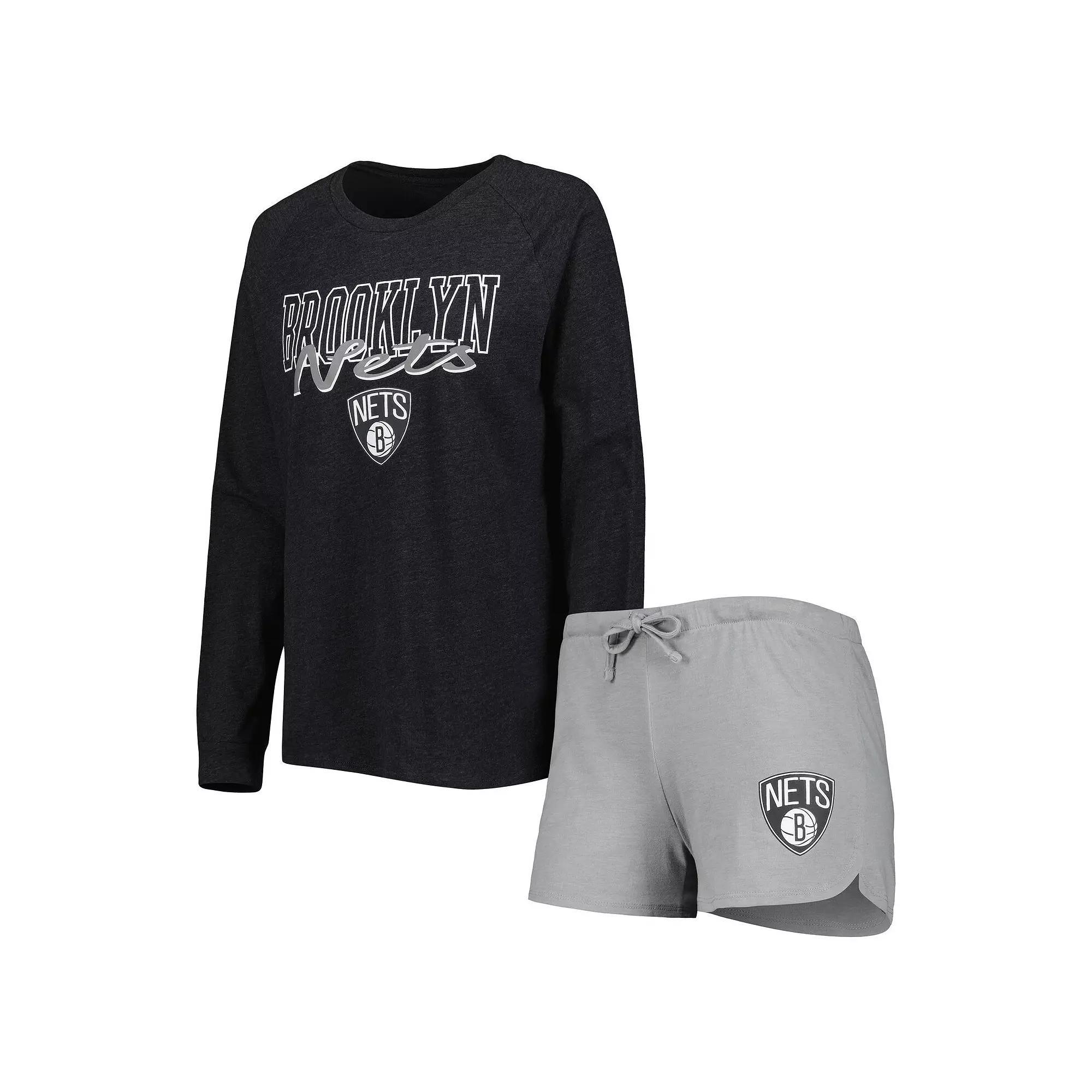 Women's Concepts Sport Heather Black/Heather Gray Brooklyn Nets Team Raglan Long Sleeve T-Shirt & Shorts Sleep Set, Size: Large, Charco Product Image
