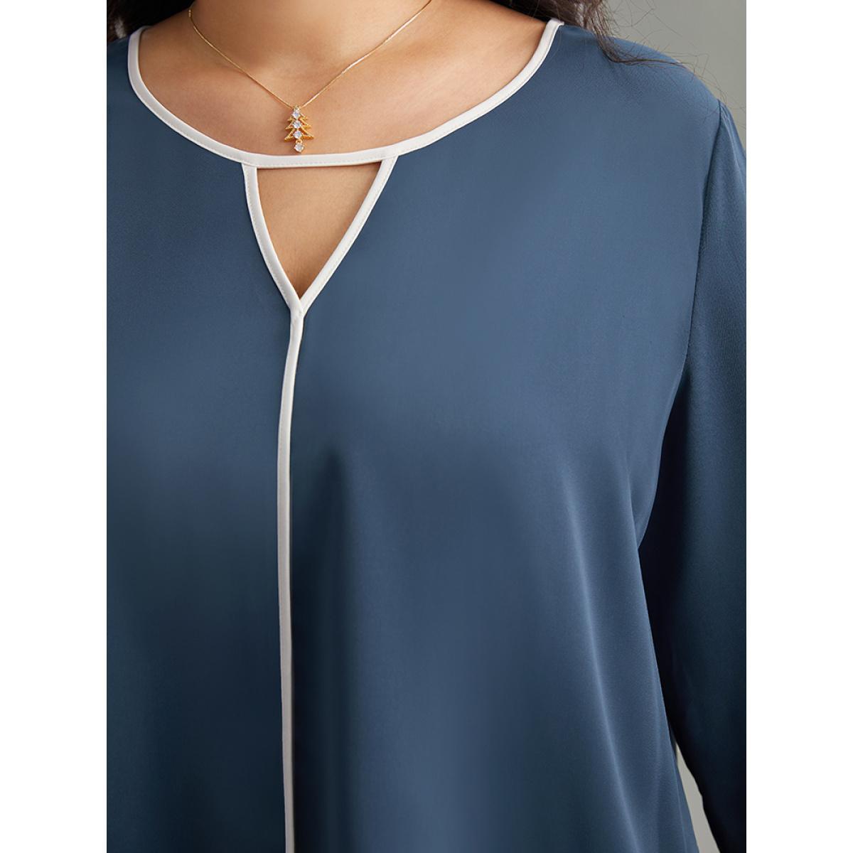 Plus Size Indigo Two Tone Keyhole Bell Sleeve Blouse Women Office Long Sleeve Keyhole Cut-Out Work Blouses BloomChic 10/M Product Image