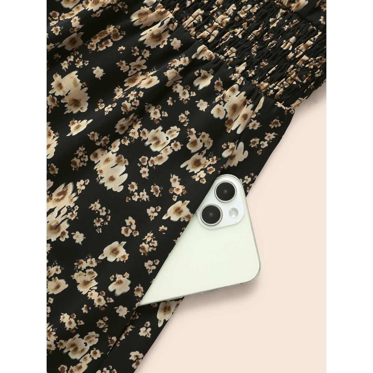 Plus Size V Neck Ditsy Floral Ruffles Shirred Dress Black Women Resort Shirred V-neck Long Sleeve Curvy BloomChic 18-20/2X Product Image