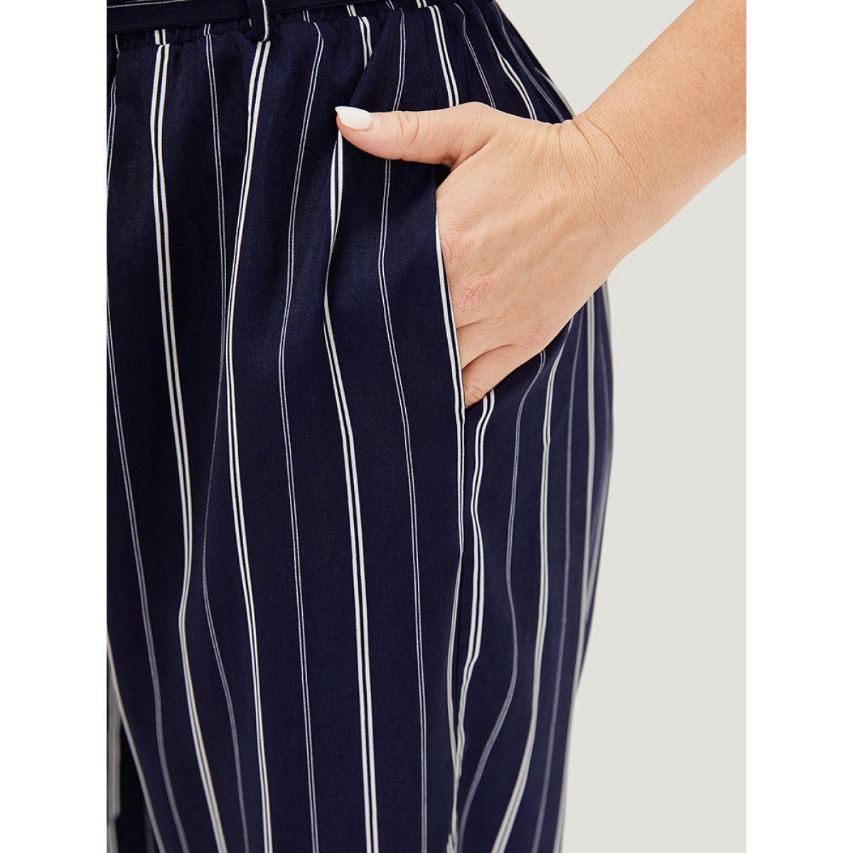 Plus Size Striped Belted Pocket High Rise Cropped Pants Women Indigo Office Straight Leg High Rise Work Pants BloomChic 18-20/2X Product Image