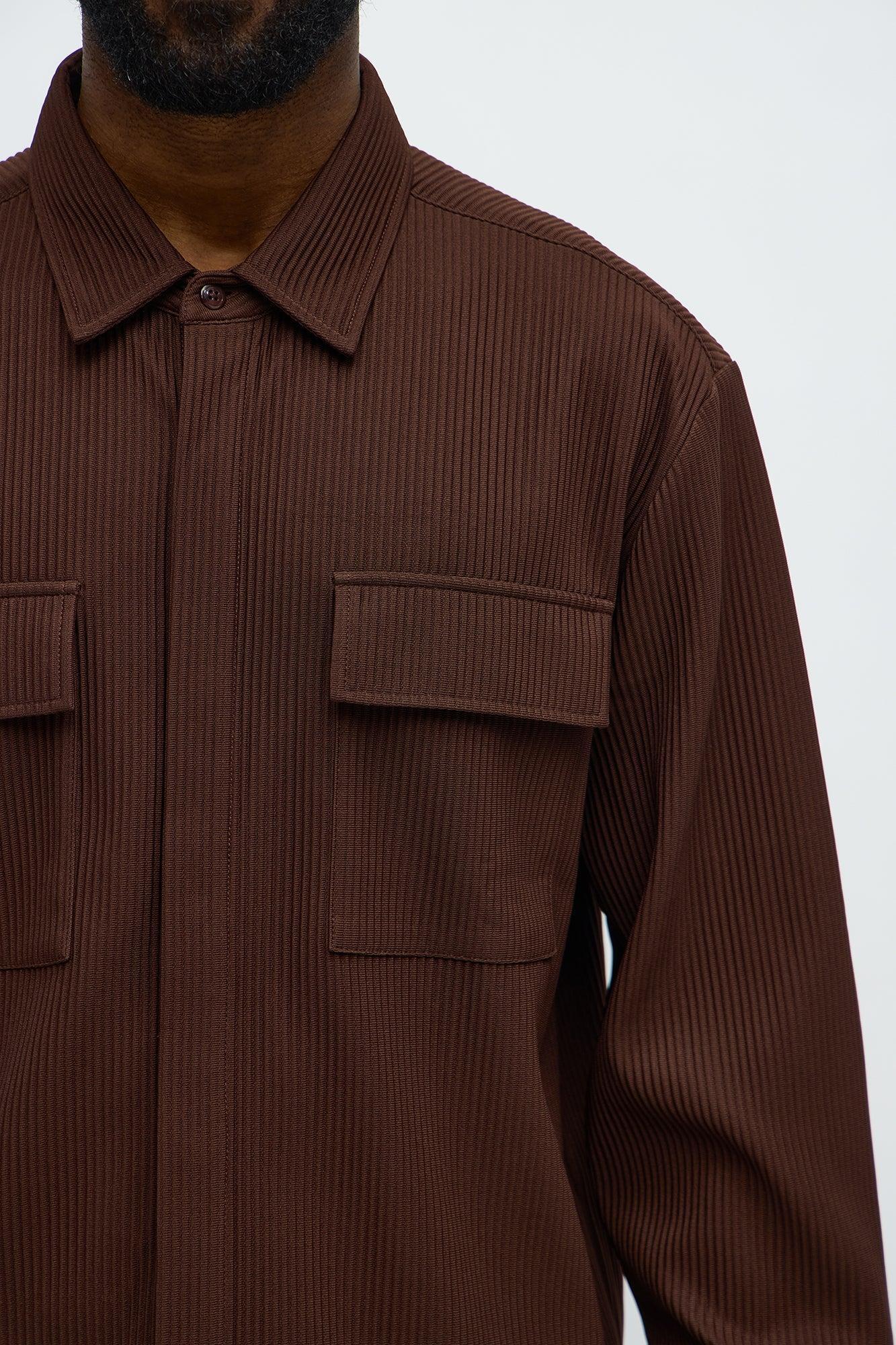 Show Up Cropped Long Sleeve Button Up Shirt - Brown Product Image