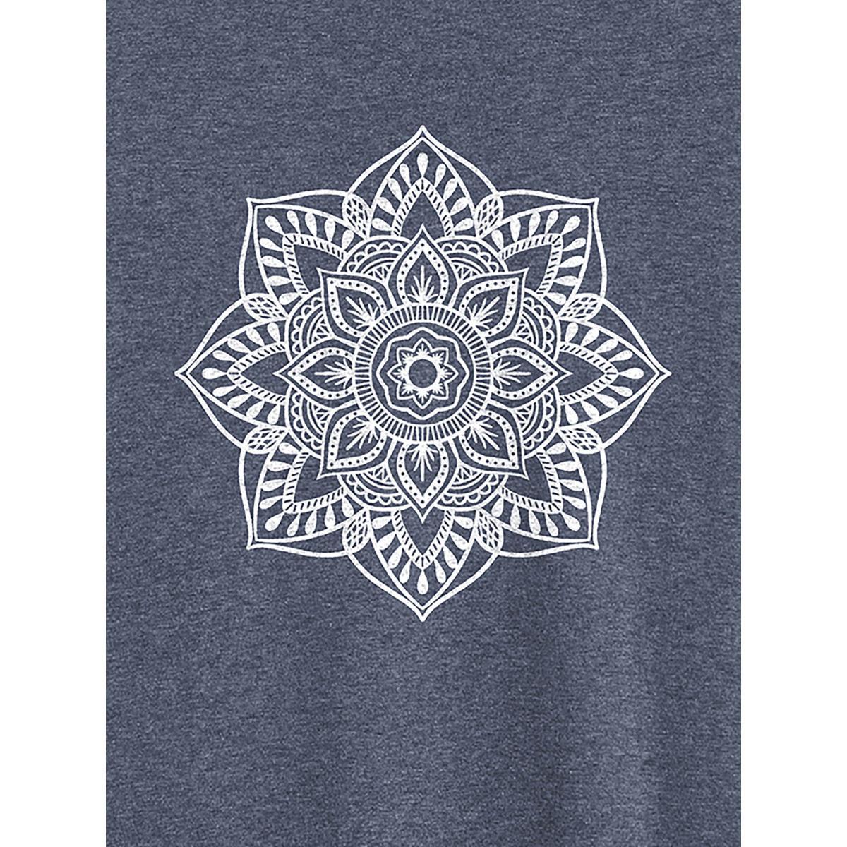 Plus Size Boho Floral Motif Round Neck T-Shirt Indigo Women Non Natural Flowers Round Neck Everyday-Casual T-shirts BloomChic 30/6X Product Image