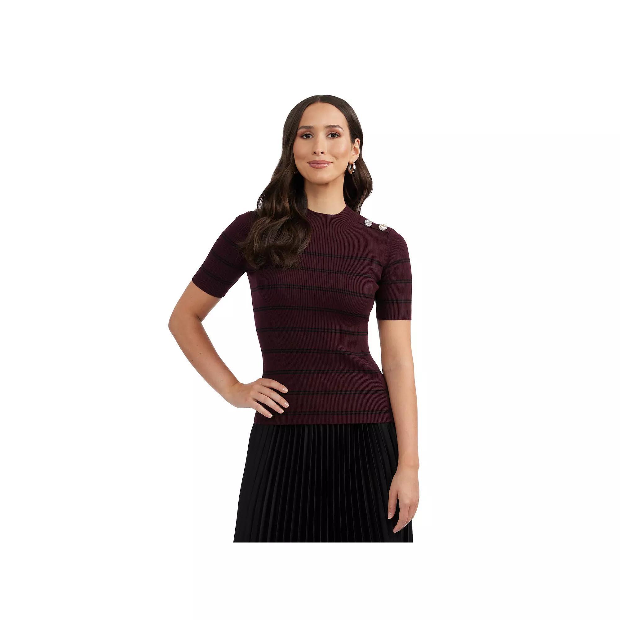 Women's Ellen Tracy Mockneck Elbow Sleeve Button Shoulder Rib Sweater, Size: XS, Camel Black Stripe Product Image