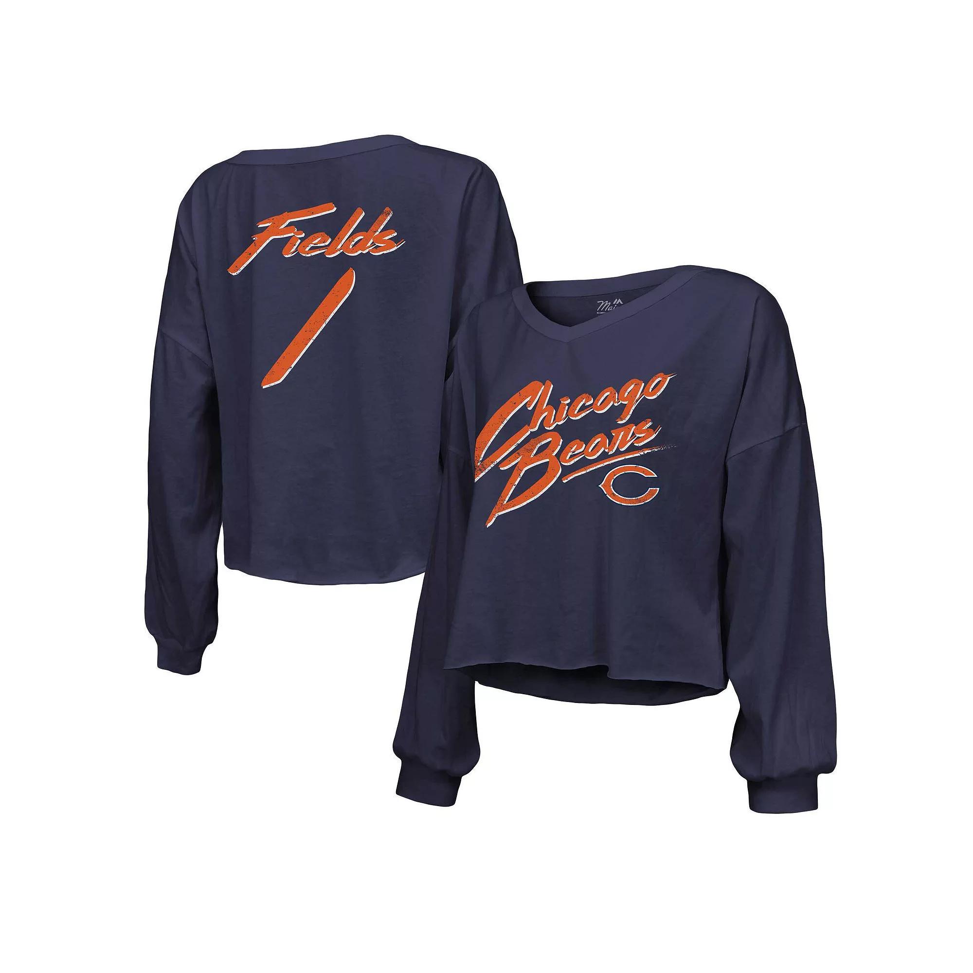 Women's Majestic Threads Justin Fields Navy Chicago Bears Name & Number Off-Shoulder Script Cropped Long Sleeve V-Neck T-Shirt, Size: XL, Blue Product Image