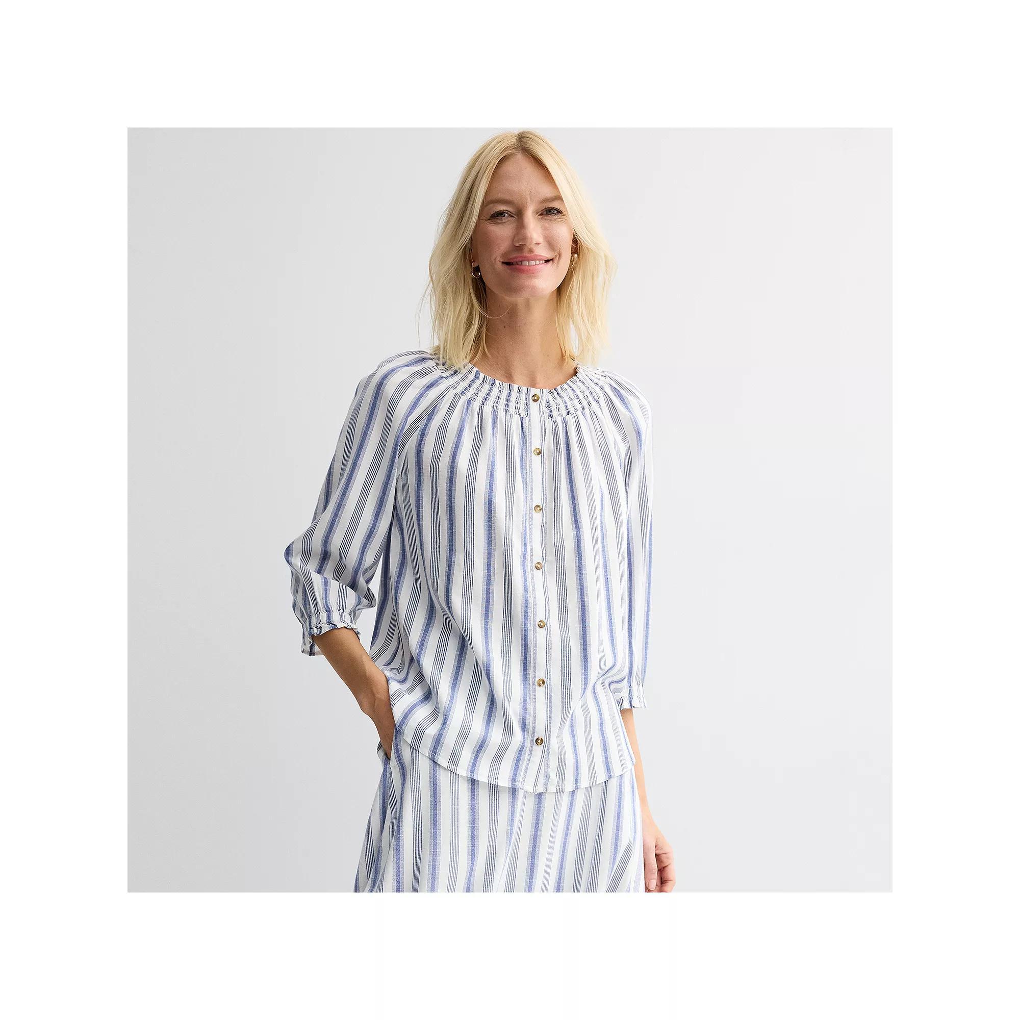 Women's Croft & Barrow Raglan Sleeve Smocked Top, Size: Large, Blue Stripe Product Image