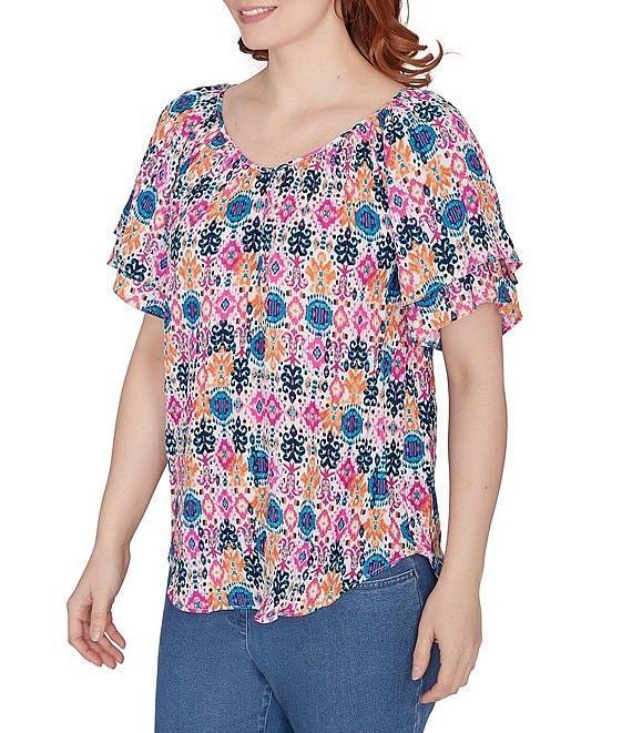 Ruby Rd. Diamond Ikat Abstract Print Gauze V-Neck Double Flounce Short Sleeve Blouse Product Image