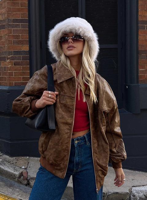 Goldsmith Faux Leather Bomber Jacket Washed Brown Product Image