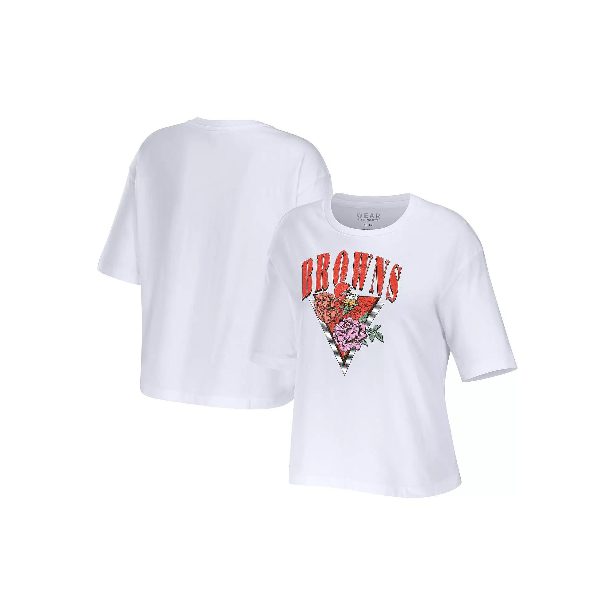 Women's WEAR by Erin Andrews White Cleveland Browns Boxy Floral Cropped T-Shirt, Size: XL Product Image
