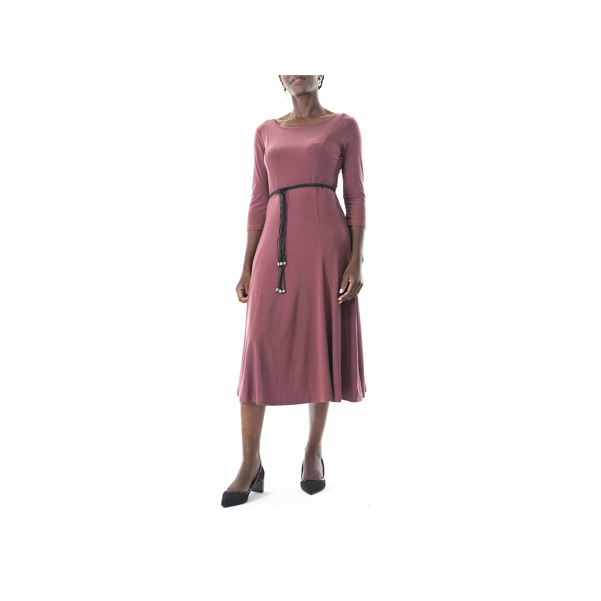 Women's Nina Leonard Three-Quarter Sleeve Belted Midi Dress, Size: XL, Pink Product Image