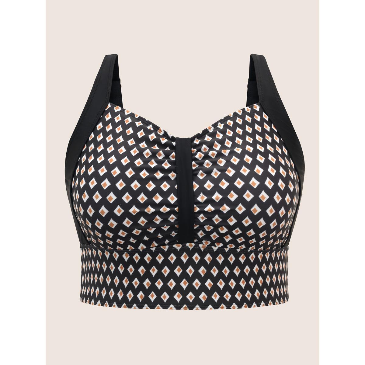 Plus Size Geometric Heart Neckline Ruched Swim Top Women's Swimwear Black Beach Gathered High stretch Skinny Heart neckline Curve Swim Tops BloomChic 18-20/2X Product Image