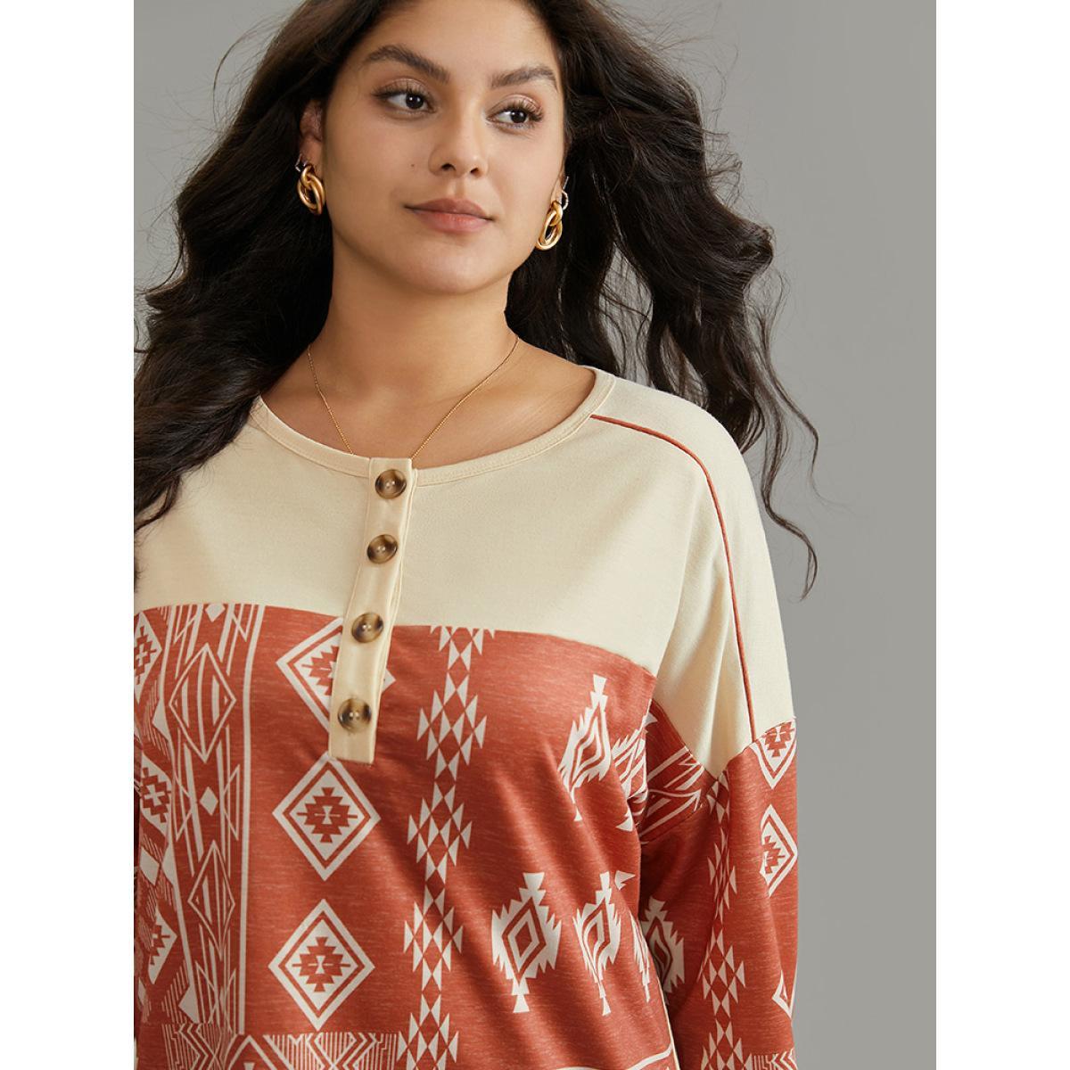 Plus Size Boho Print Patchwork Contrast Button Up Sweatshirt Women Multicolor Casual Contrast Open Front Dailywear Sweatshirts BloomChic 14-16/1X Product Image