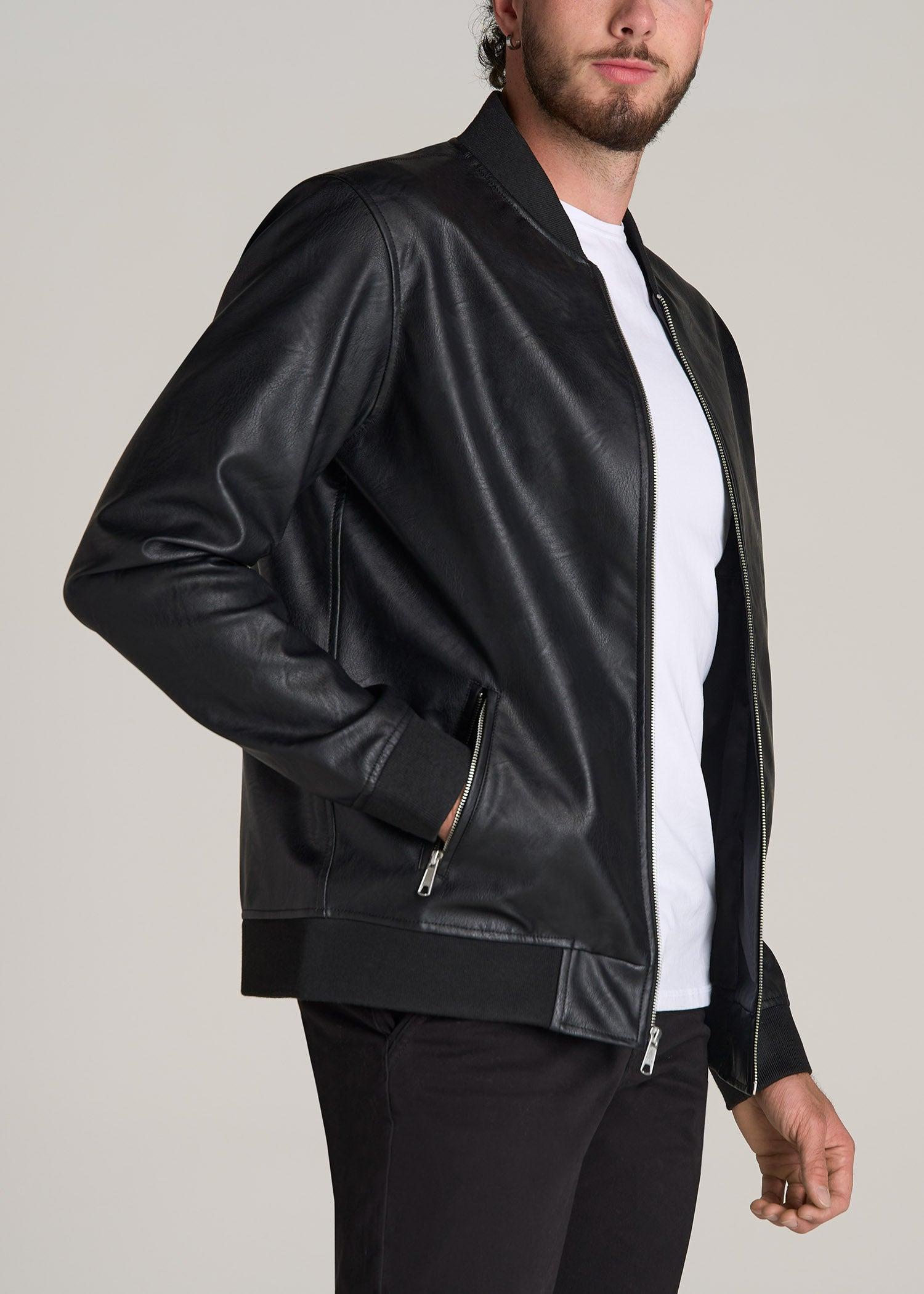 Faux Leather Bomber Jacket for Tall Men in Black Product Image