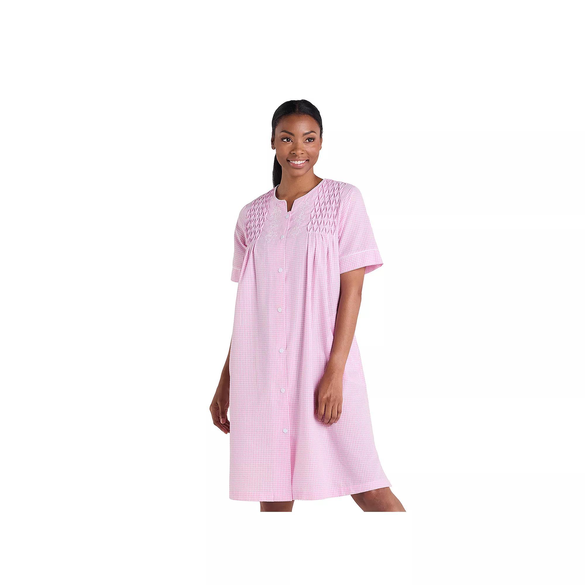 Women's Miss Elaine Essentials Seersucker Short Snap Robe, Size: Small, Pink White Check Product Image