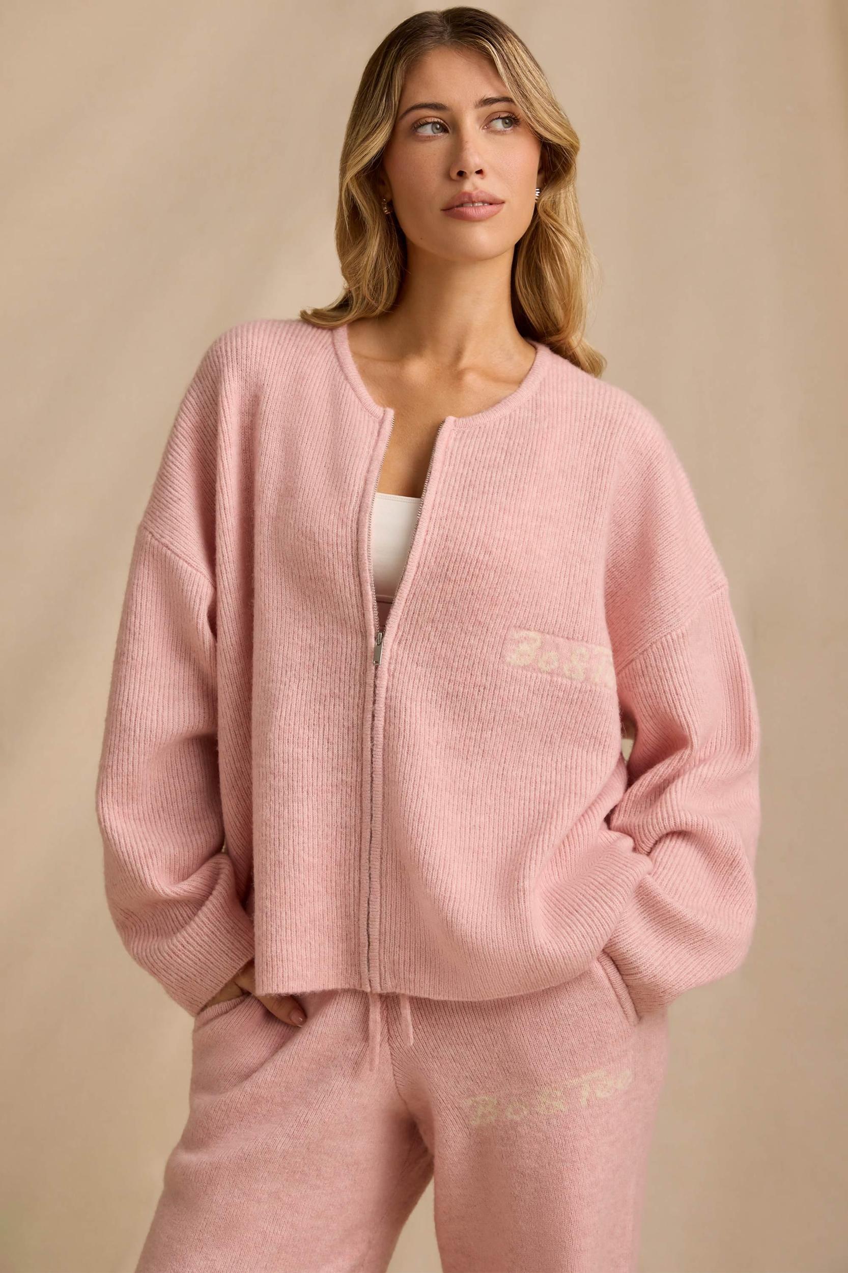 Oversized Zip-Up Cardigan in Blush Pink Product Image