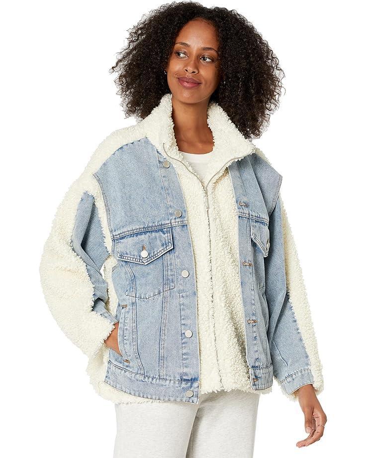 Oversized Faux Sherpa Jacket With Denim Sleeves Product Image