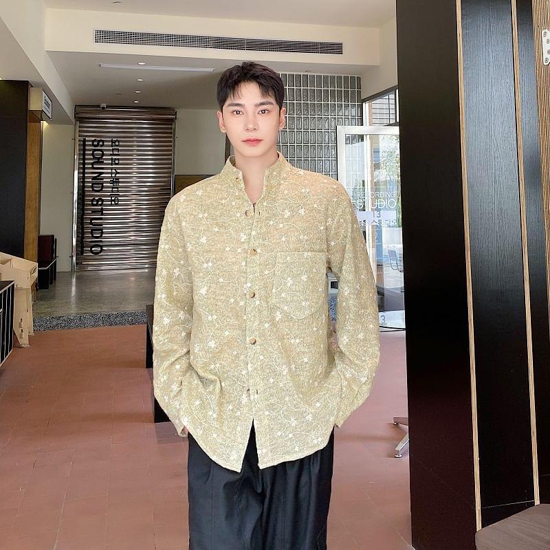 Long-Sleeve Stand Collar Embroidered Shirt Product Image