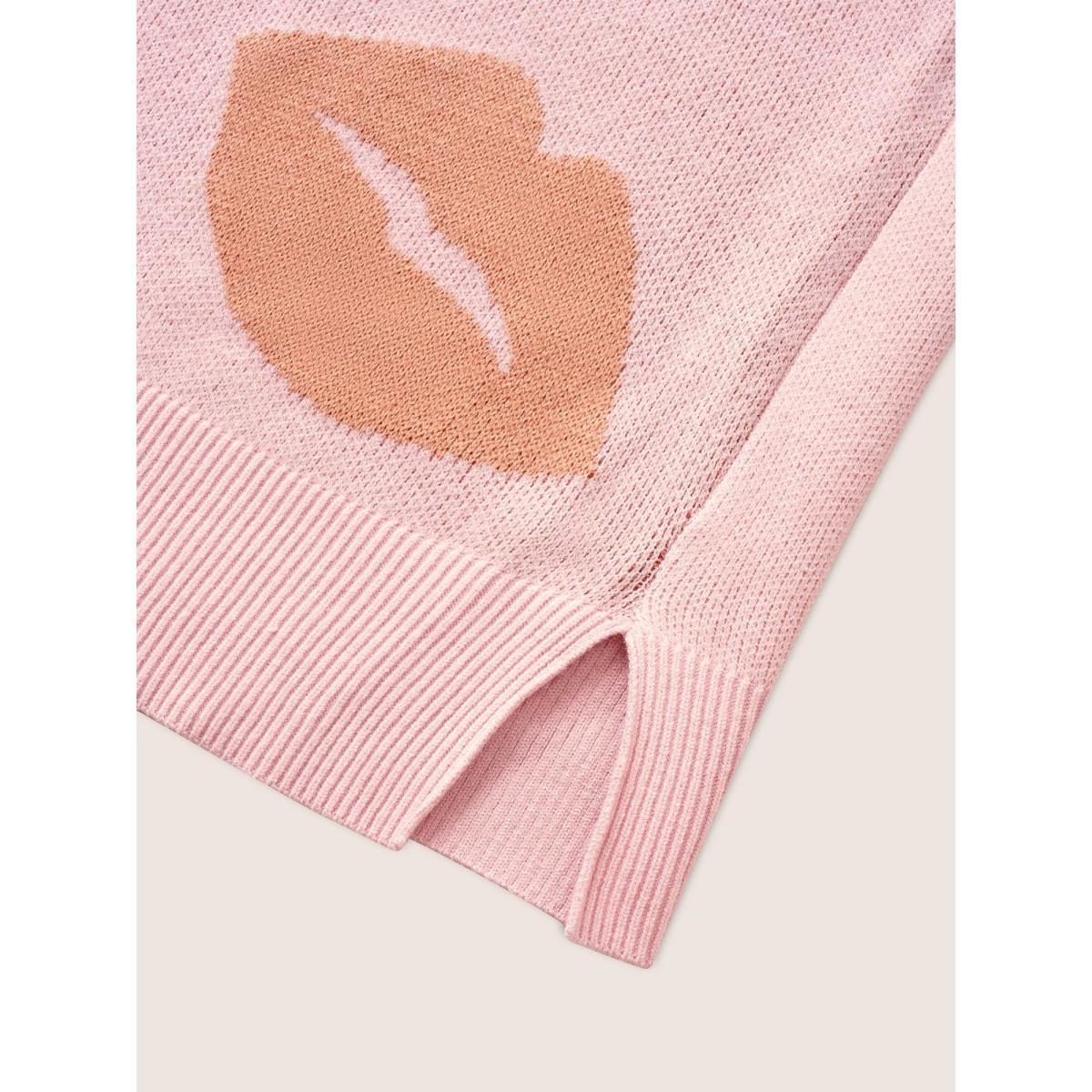 Plus Size Supersoft Essentials Lip Print Split Side Pullover Crepe Women Casual Long Sleeve V-neck Everyday Pullovers BloomChic 12/L Product Image
